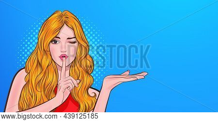 Smart Woman With Finger On Lips Silence Gesture In Retro Vintage Pop Art Comic Style