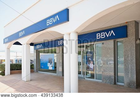 Alcudia, Mallorca, Spain - August 16, 2021: Banco Bilbao Vizcaya Argentaria Bank Entrance. Second La