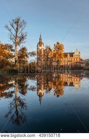 Prince Pueckler Park And Castle Reflected In Water,bad Muskau On German Polish Border.spectacular Pa