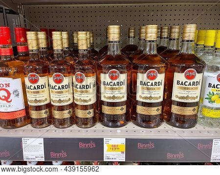 A Display Of Bottles Of Bacardi Gold Rum With Background Bokeh At A Binneys Liqour Store In Springfi