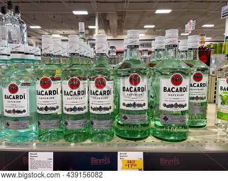 A Display Of Bottles Of Bacardi Rum Superior With Background Bokeh At A Binneys Liqour Store In Spri