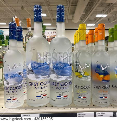 A Display Of Bottles Of Grey Goose Vodka  With Background Bokeh At A Binneys Liqour Store In Springf