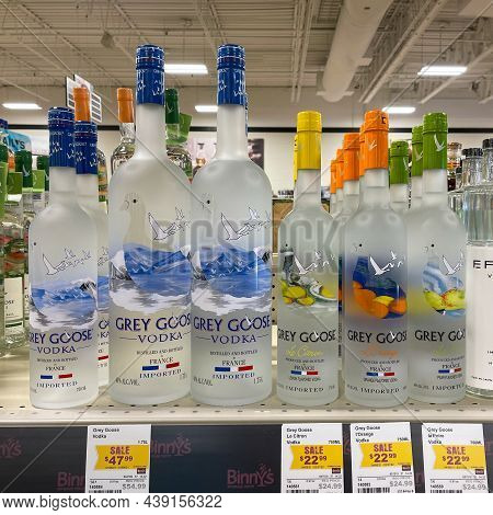 A Display Of Bottles Of Grey Goose Vodka  With Background Bokeh At A Binneys Liqour Store In Springf