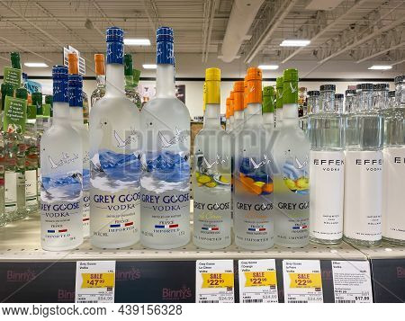 A Display Of Bottles Of Grey Goose Vodka  With Background Bokeh At A Binneys Liqour Store In Springf