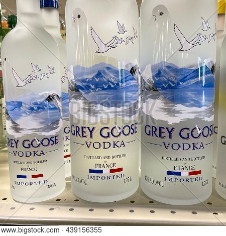 A Display Of Bottles Of Grey Goose Vodka  With Background Bokeh At A Binneys Liqour Store In Springf