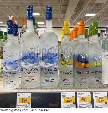A Display Of Bottles Of Grey Goose Vodka  With Background Bokeh At A Binneys Liqour Store In Springf