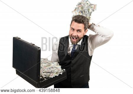 Funny Businessman With Money Case. Investor Hold Case With Dollars Cash.
