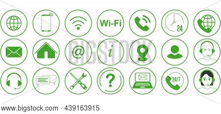 Green Support And Contact Icons Set. Icon Collection - Email, Online Support, Information, 24 Hour S