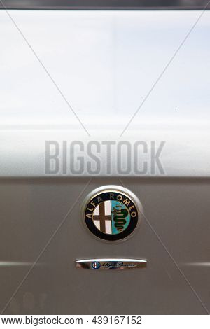 Alfa Romeo Chrome Metal Logo, Luxury Car In Istanbul City, July 23 2021 Istanbul Pendik Turkey Used 