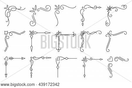 Corner Frame Retro Black Line Set. Border Filigree Decor Engraving Site Object Text Postcard. Elegan
