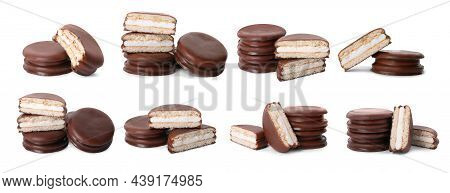 Set With Tasty Choco Pies On White Background. Banner Design