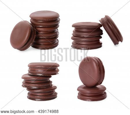 Set With Tasty Choco Pies On White Background