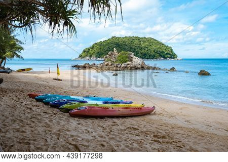 Yanui Beach Phuket Thailand, Tropical Beach With The Blue Ocean In Thailand. White Golden Sand And P