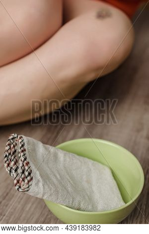 Physical Injury Of Female Knee With Contusion And Bruise, Closeup Photo