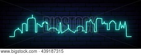 Blue Neon Skyline Of Minsk. Bright Minsk City Long Banner. Vector Illustration.