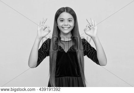All Right And Alright. Child Show Ok Signs Yellow Background. Happy Girl Smile With Satisfaction. Ag