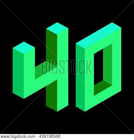 Light Green Number 40 In Isometric Style. Isolated On Black Background. Learning Numbers, Serial Num
