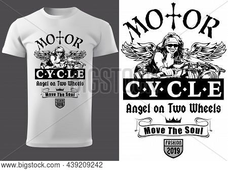 White T-shirt Design With Motorcyclist Woman And Inscriptions - Graphic Design For Printmaking T-shi