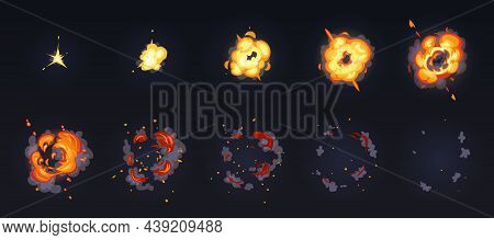 From Fire To Smoke Animation, Burning Blast Of Air Bomb Isolated Boom Bang Animated Set. Vector Radi