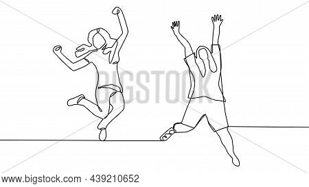 Continuous Line Drawing Of Four Jumping Happy Team Members