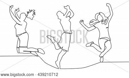 Continuous Line Drawing Of Four Jumping Happy Team Members