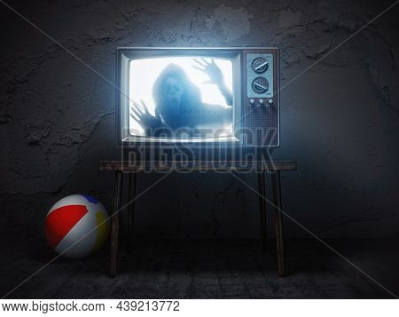 Horror scary movie concept. Ghost silhouette on screen of vintage tv in haunted house. 3d illustration 