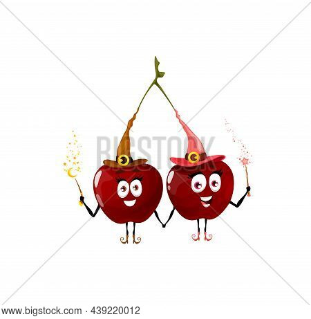 Fairy Cherry Twins, Wizard Berry And Sorcerer Fruits Cartoon Character, Vector Icon. Funny Cute Kids
