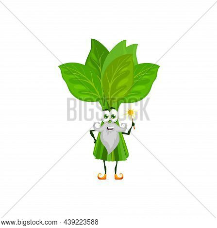 Cartoon Green Spinach Wizard Character Or Magician Vegetable With Magic Wand. Vector Cartoon Persona