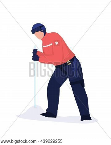 Rescuer Using Avalanche Probe Semi Flat Color Vector Character. Full Body Person On White. Identifyi