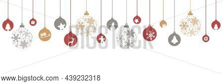Merry Christmas Banner With Hanging Ball Decoratoin On White Background