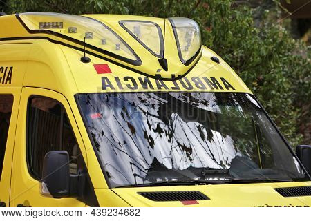 Barcelona, Spain - October 7, 2021: Ambulance Emergency Services Vehicle Close-up In Barcelona, Spai