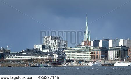 Stockholm, Sweden - 04.15.2017: Panorama Of Stockholm City Skyline Viewed From Water On A Cloudy Day