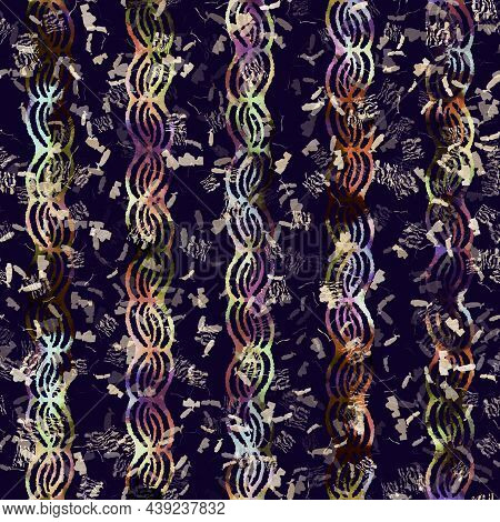 Exotic Multicoloured Boho Stripe Line Print. Seamless Autumnal Dark Ground Detailed Repeat Pattern. 