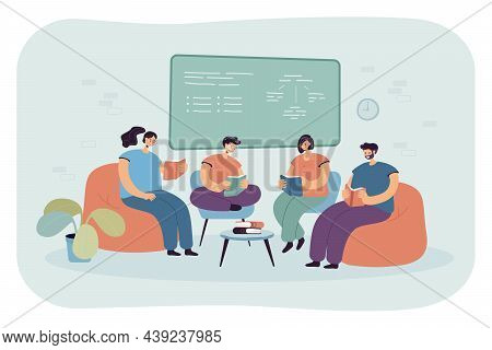 Students Of College Or University Reading Books In Classroom. Group Of People Sitting Together In Ch