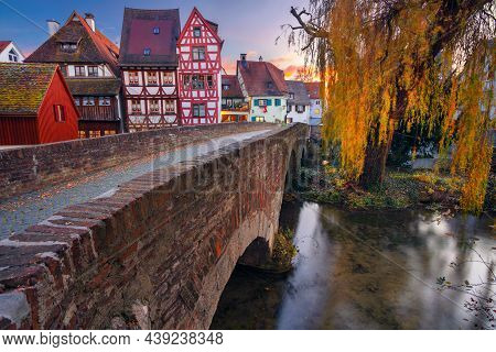 Ulm, Germany. Cityscape Image Of Old Town Street Of Ulm, Germany With Traditional Bavarian Architect