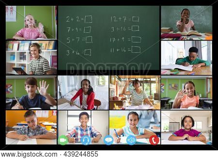 Video call interface with schoolchildren on screen. communication technology and online elementary education digital composite image.