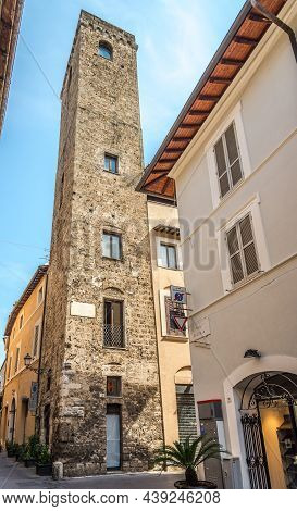 Terni,italy - September 8,2021 - View At The Barbarasa Tower In The Streets Of Terni. Terni Is A Cit