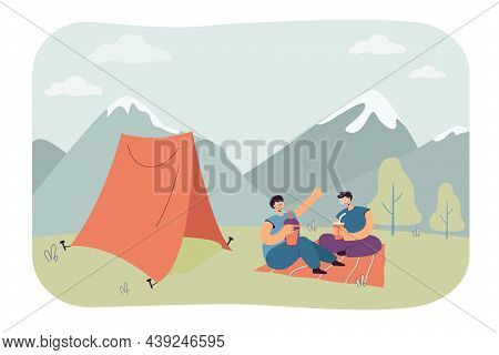 Cartoon Couple On Date At Campsite In Mountains. Girlfriend And Boyfriend Sitting On Blanket In Fron
