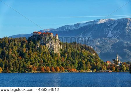 Bled Castle built on top of a cliff overlooking lake Bled, located in Bled, Slovenia, Europe                               