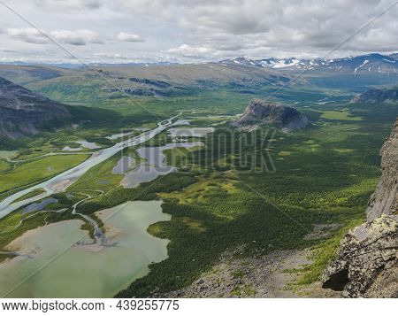 Aerial Scenic View From Skierffe Rock Summit On Glacial Rapadalen River Delta Valley At Sarek Nation