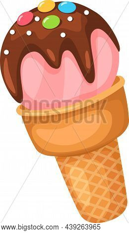 Ice Cream Cone With Sweet Balls And Topping. Vector Top Of Ice Cream, Sweet Food Dessert Isolated Il