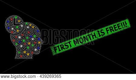 Bright Mesh Network Time Management With Colorful Bright Dots, And Grunge First Month Is Free Stamp.