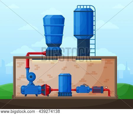 Industrial Water Pump Station, Water Pumping Technology. Factory Water Pumping Compressor Station Pr