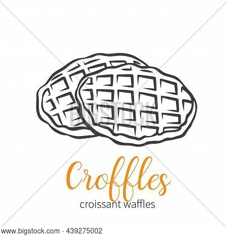 Croffle, Croissant Waffle Korean Pastry. Sweet Dessert, Outline Vector Illustration