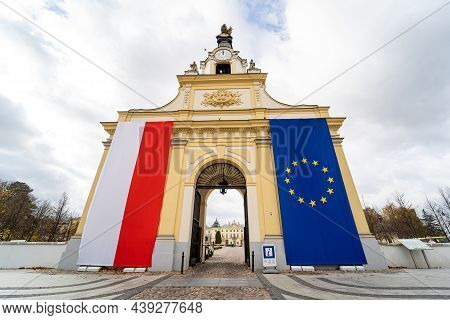 Polish And European Union Flags On The Entrance Gate To The Branicki Palace In Bialystok, Poland. Po