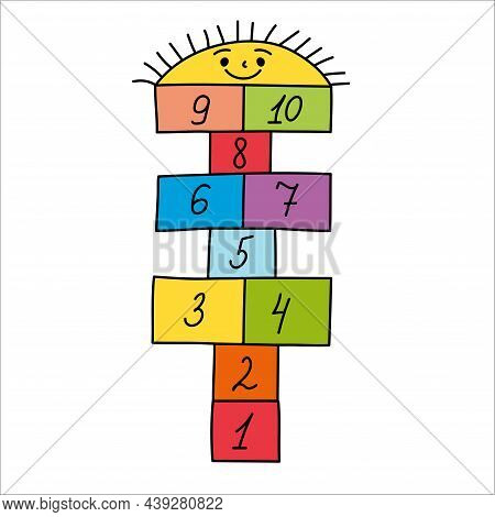 Colorful Doodle Hopscotch Kids Game. Hopscotch With Rainbow Numbers. Hand Drawn Outdoor Game. Activi