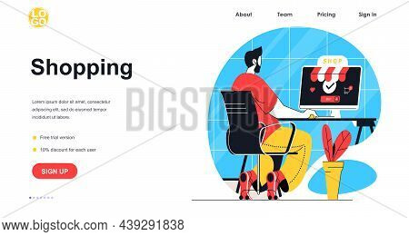 Shopping Web Banner Concept. Man Makes Purchases At Sale On Website Shop, Buying At Store, Market Or