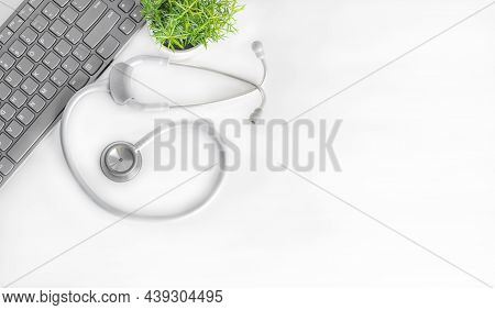 Office Desk Table With Supplies. Flat Lay. Copy Space