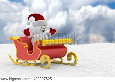 snowman into sled on snowdrift. 3D illustration