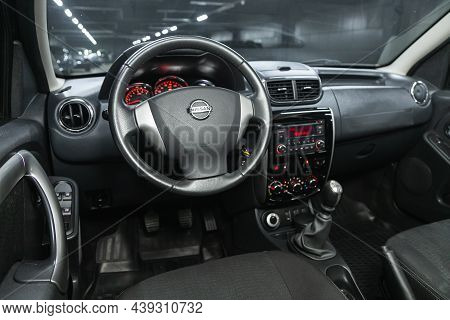 Novosibirsk, Russia - October 30, 2021: Nissan Terrano, Steering Wheel, Shift Lever And Dashboard, C